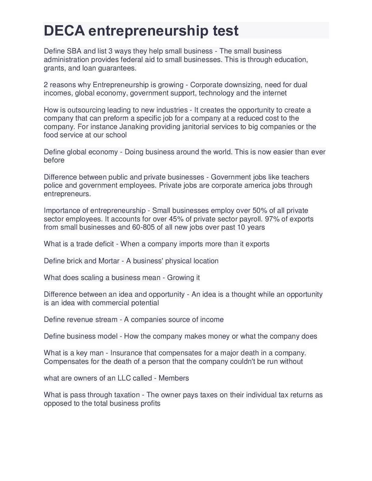 Preview image of DECA entrepreneurship test document